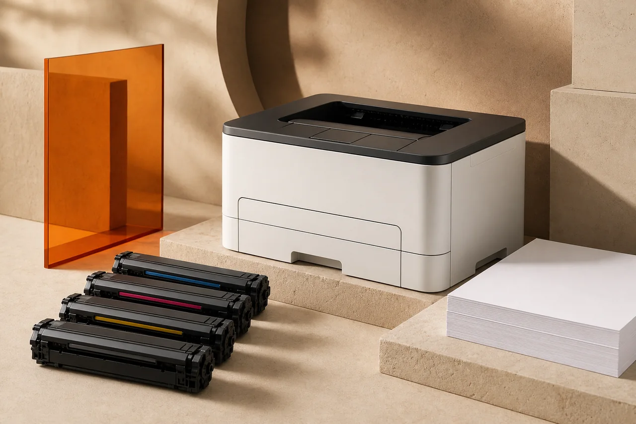 Modern lazer yazıcı, toner kartuşları ve baskı kağıtlarından oluşan premium ürün sahnesi